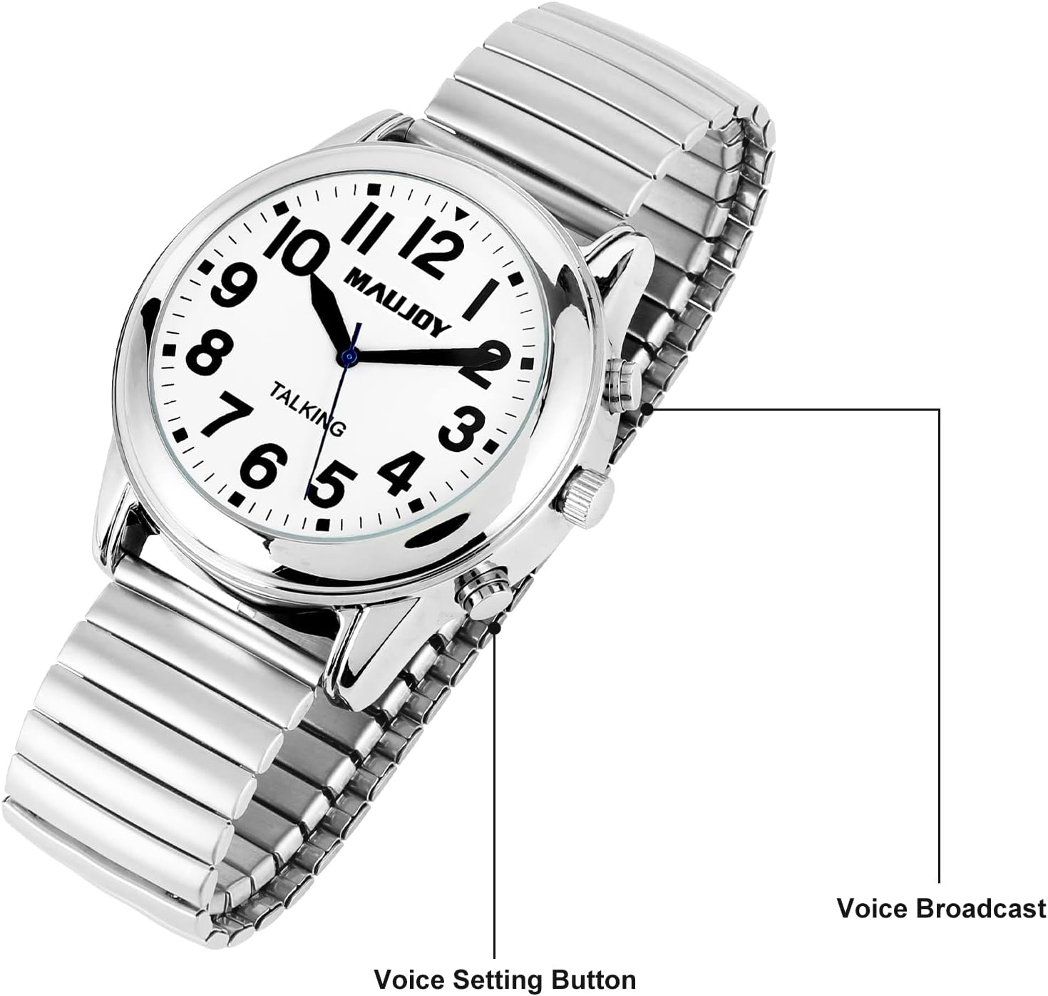 Reloj MAUJOY Parlante para ciegos Pulso metálico 2 Reloj MAUJOY Parlante para ciegos Pulso metálico, adultos mayores y baja visión, números en alto contraste + dice la hora en voz alta