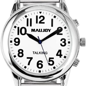 Reloj MAUJOY Parlante para ciegos Pulso metálico, adultos mayores y baja visión, números en alto contraste + dice la hora en voz alta