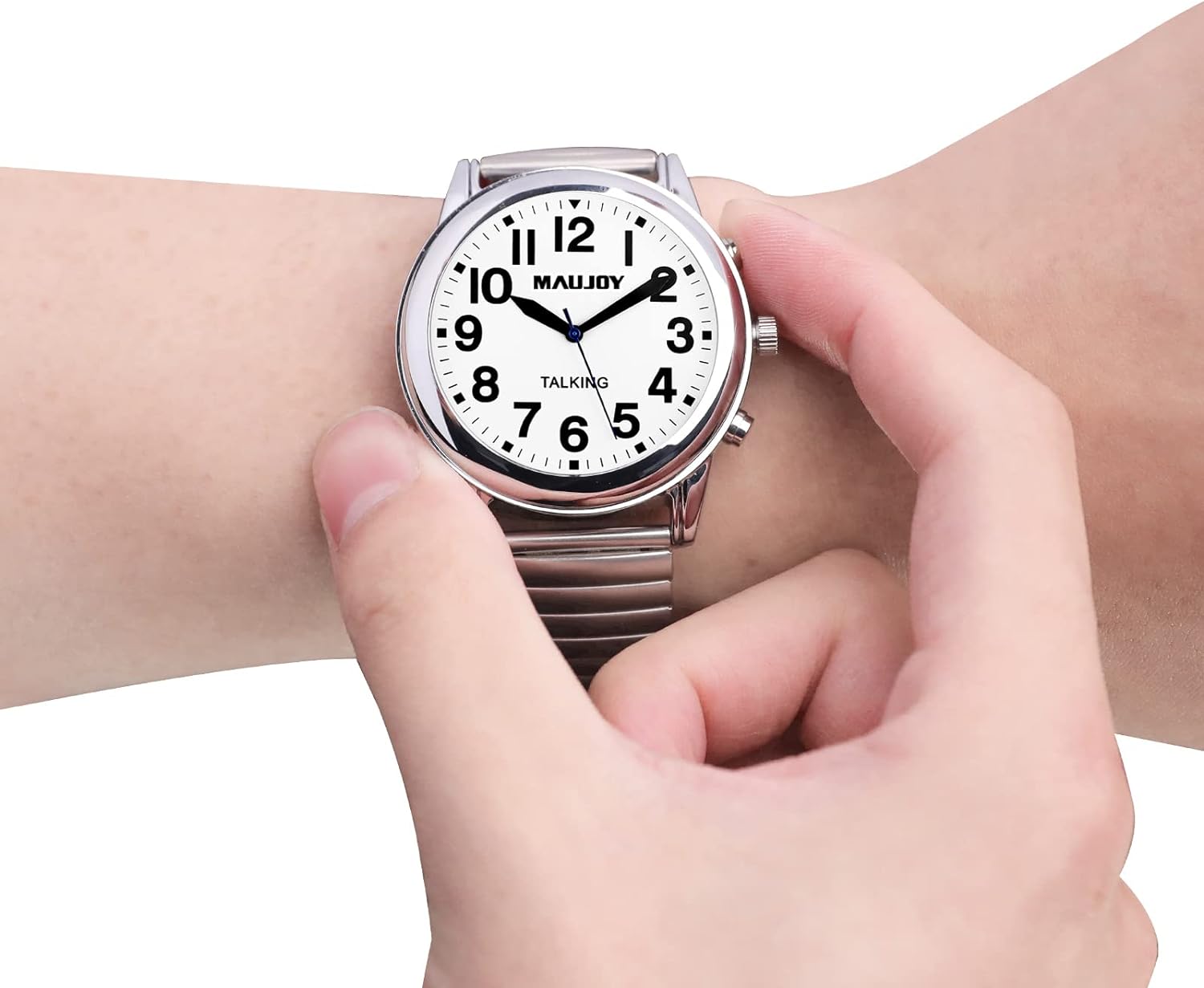 Reloj MAUJOY Parlante para ciegos Pulso metálico 4 Reloj MAUJOY Parlante para ciegos Pulso metálico, adultos mayores y baja visión, números en alto contraste + dice la hora en voz alta