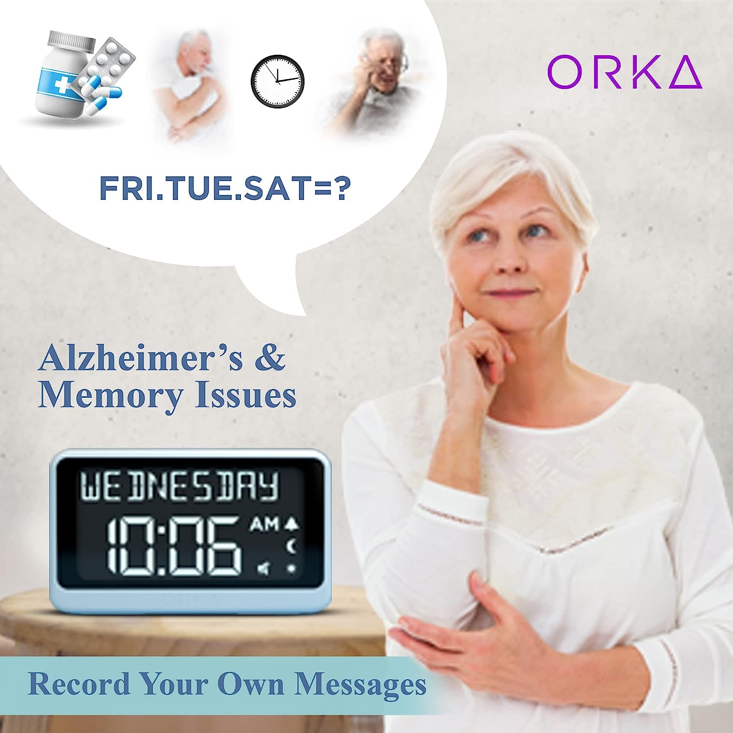 Reloj despertador ORKA parlante 4 Reloj despertador ORKA habla en español para ciegos, graba recordatorios pastillas Alzheimer demencia adulto mayor
