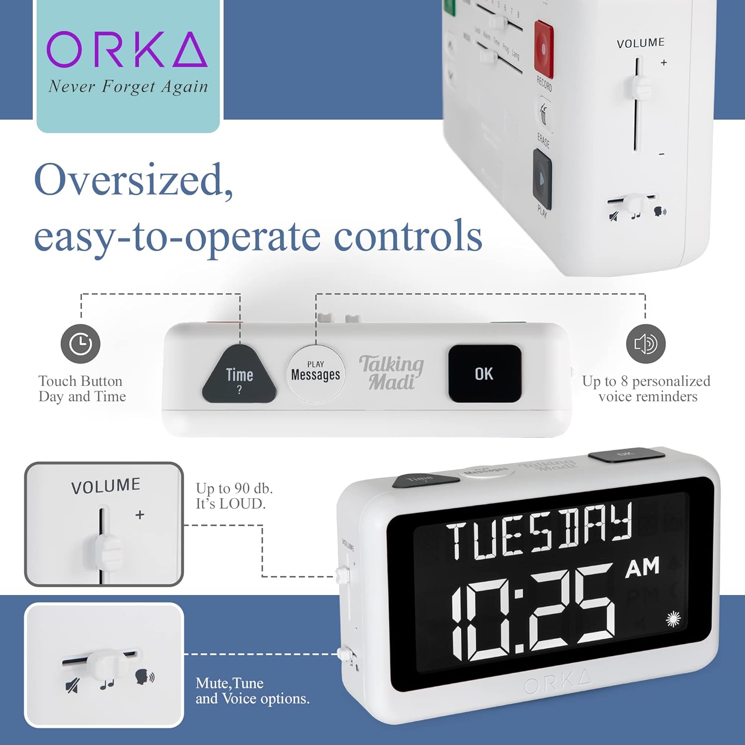 Reloj despertador ORKA parlante 6 Reloj despertador ORKA habla en español para ciegos, graba recordatorios pastillas Alzheimer demencia adulto mayor