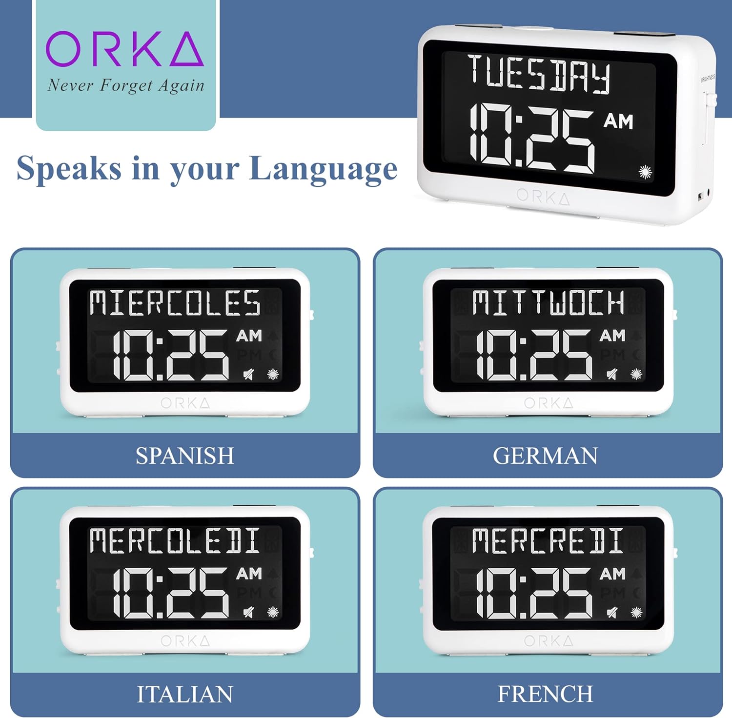Reloj despertador ORKA parlante 7 Reloj despertador ORKA habla en español para ciegos, graba recordatorios pastillas Alzheimer demencia adulto mayor