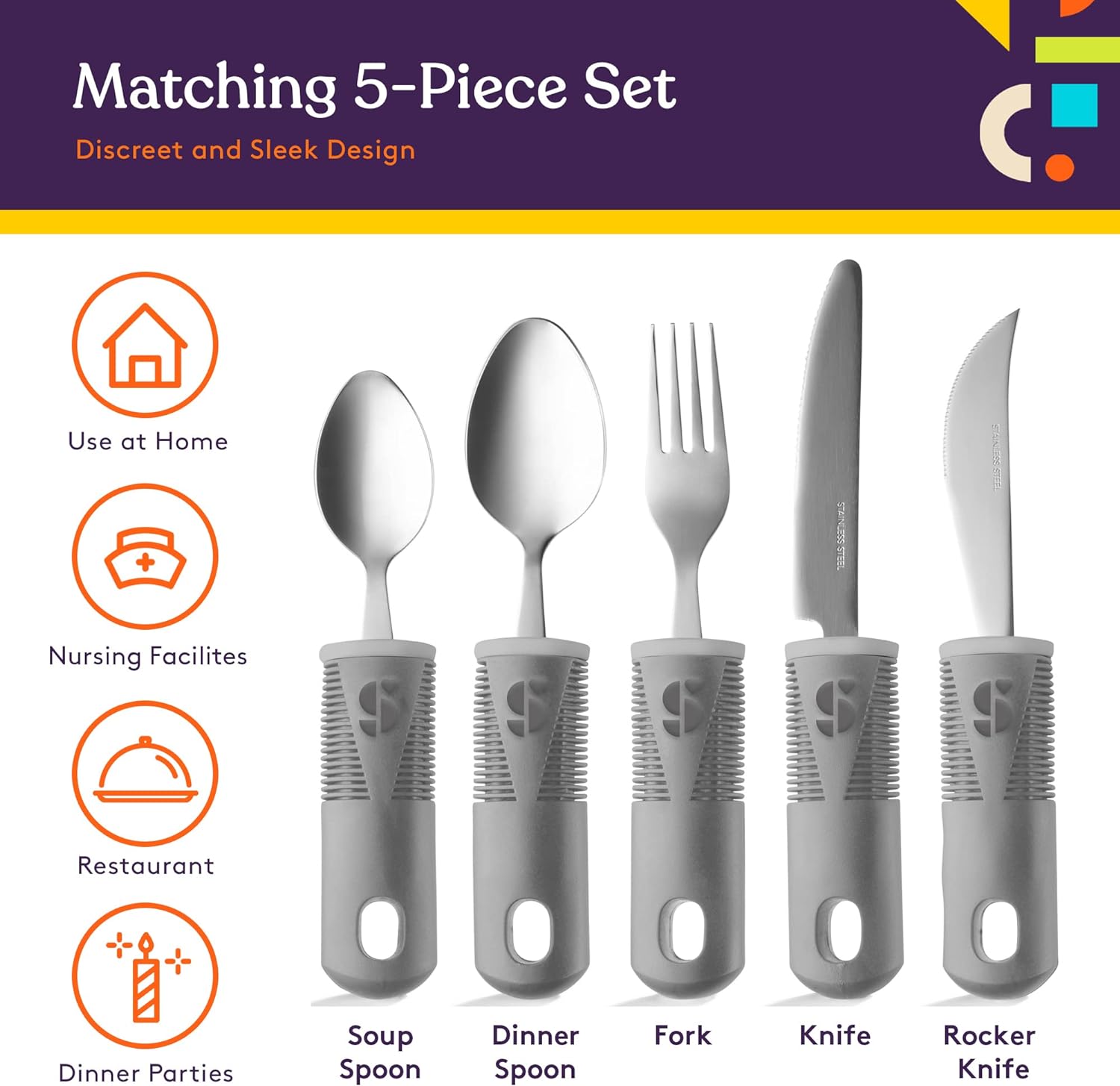 Kit 5 utensilios cuchara tenedor cuchillo adulto mayor, discapacidad, Parkinson,mango grueso, correa fácil agarre Kit 5 utensilios cuchara tenedor cuchillo adulto mayor, discapacidad, Parkinson,mango grueso, correa fácil agarre