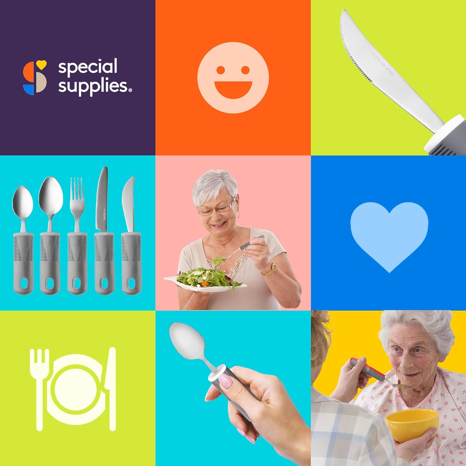 Kit 5 utensilios cuchara tenedor cuchillo adulto mayor, discapacidad, Parkinson,mango grueso, correa fácil agarre Kit 5 utensilios cuchara tenedor cuchillo adulto mayor, discapacidad, Parkinson,mango grueso, correa fácil agarre