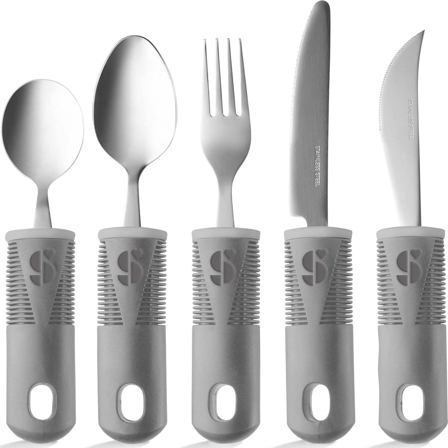 Kit 5 utensilios cuchara tenedor cuchillo adulto mayor, discapacidad, Parkinson,mango grueso, correa fácil agarre Kit 5 utensilios cuchara tenedor cuchillo adulto mayor, discapacidad, Parkinson,mango grueso, correa fácil agarre