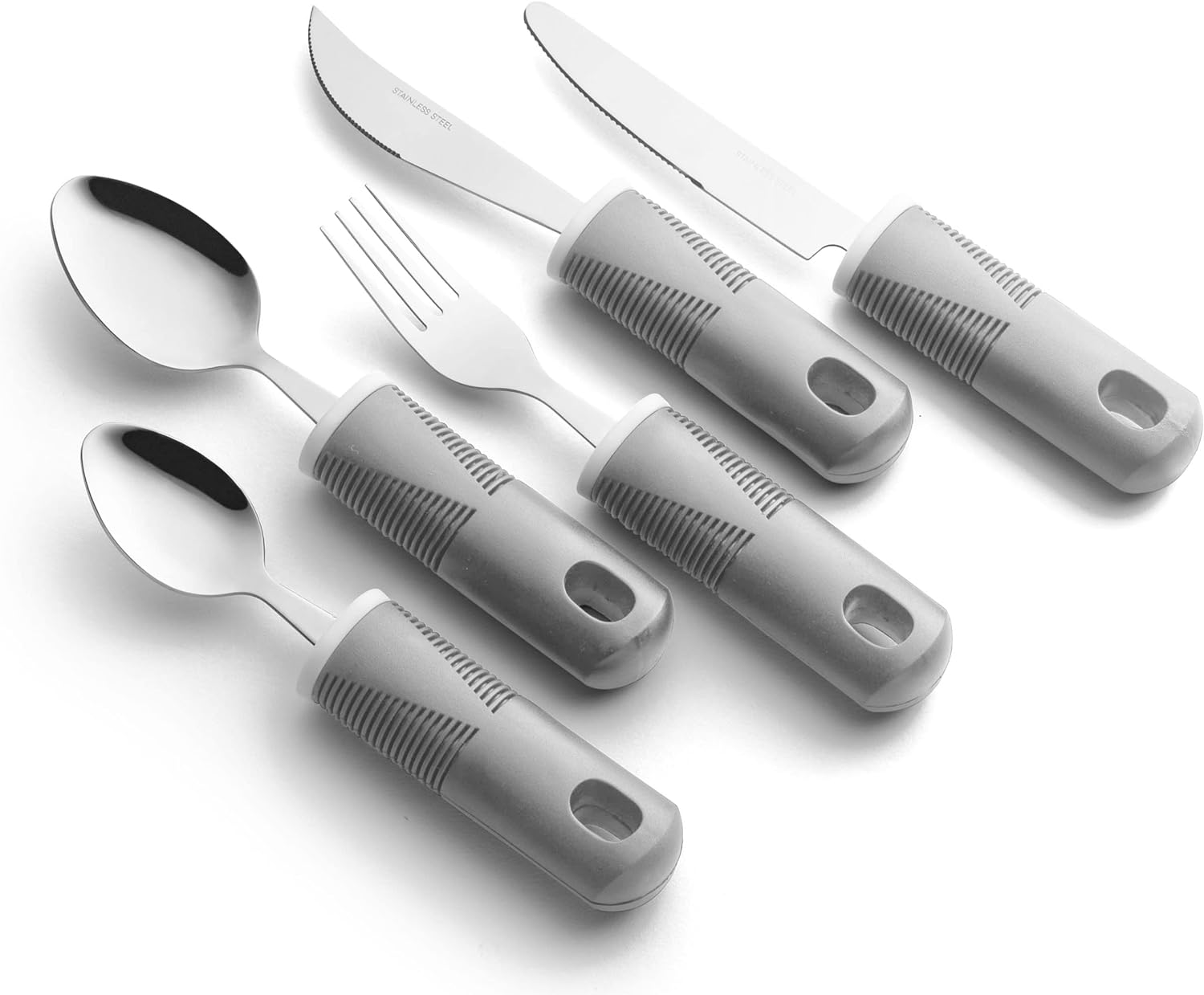 Kit 5 utensilios cuchara tenedor cuchillo adulto mayor, discapacidad, Parkinson,mango grueso, correa fácil agarre Kit 5 utensilios cuchara tenedor cuchillo adulto mayor, discapacidad, Parkinson,mango grueso, correa fácil agarre