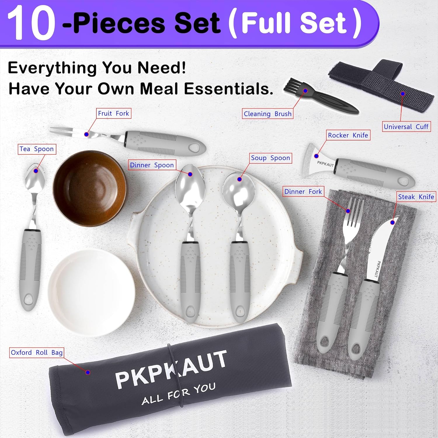 Kit completo cuchara y utensilios alimentación adulto mayor, discapacidad, Parkinson,mango grueso, correa fácil agarre Kit completo cuchara y utensilios alimentación adulto mayor, discapacidad, Parkinson,mango grueso, correa fácil agarre