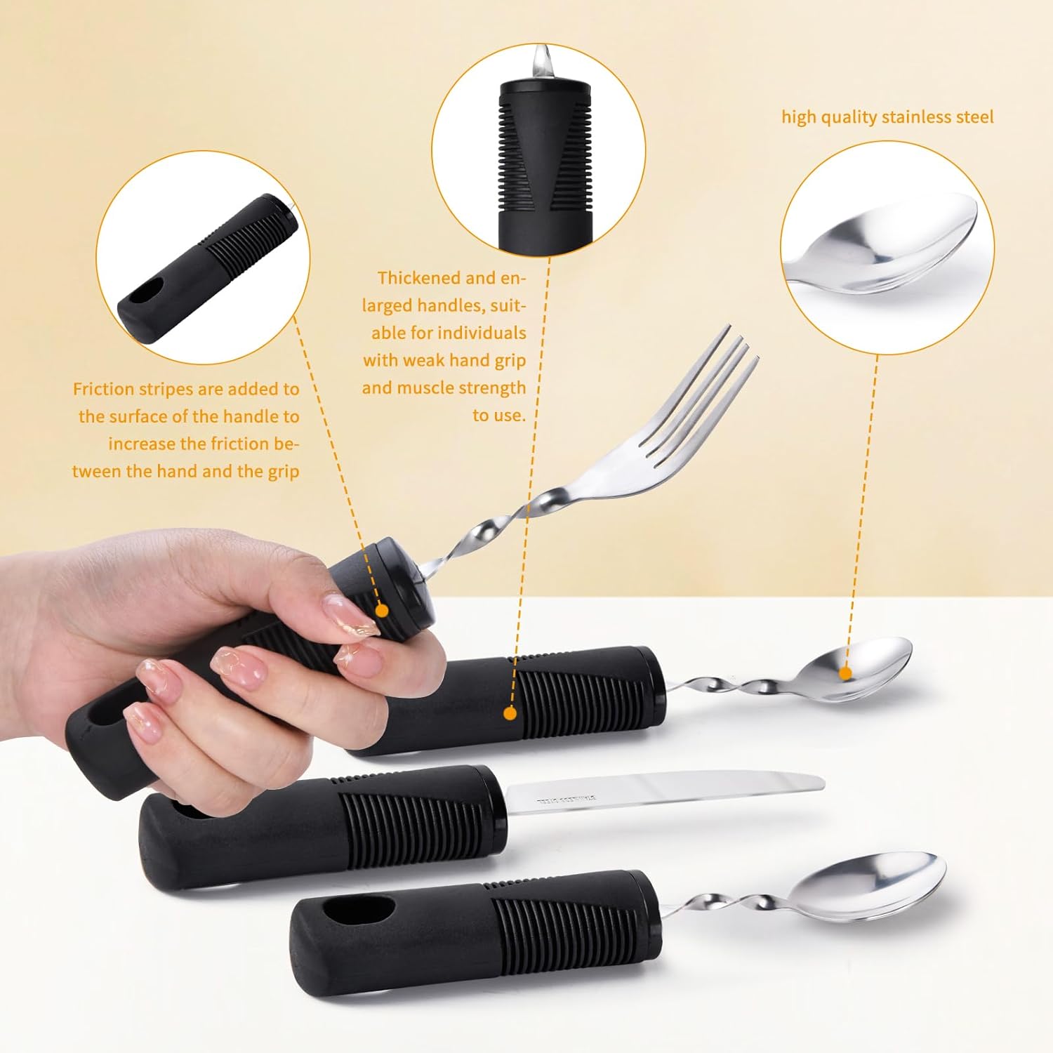 Kit 4en1 cuchara tenedor cuchillo Parkinson,mango grueso, correa fácil agarre Kit 4en1 cuchara tenedor cuchillo Parkinson,mango grueso, correa fácil agarre