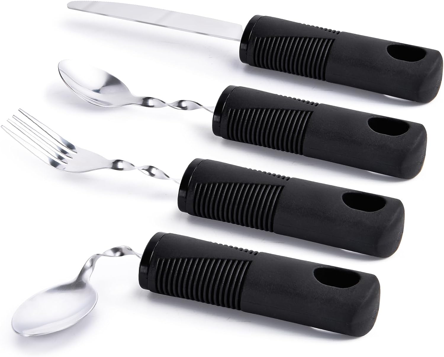 Kit 4en1 cuchara tenedor cuchillo Parkinson,mango grueso, correa fácil agarre Kit 4en1 cuchara tenedor cuchillo Parkinson,mango grueso, correa fácil agarre