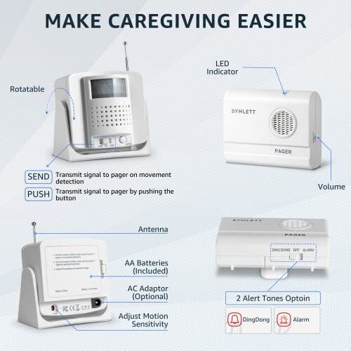 Kit cuidador alarma adulto mayor discapacidad 2 timbres sensor movimiento y receptor emergencia SOS inalámbrico pacientes Kit cuidador alarma adulto mayor discapacidad 2 timbres sensor movimiento y receptor emergencia SOS inalámbrico pacientes